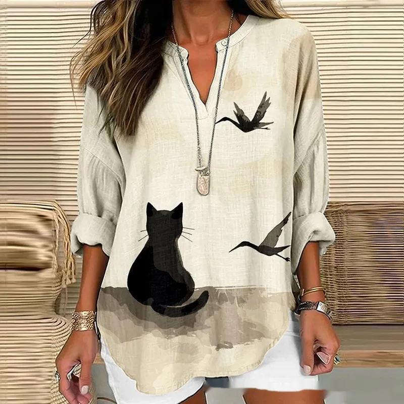 Loose-fitting Casual Womens Shirt With A V-neck And A Printed Design - Ncx18-5Xl