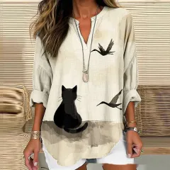 Loose-fitting Casual Womens Shirt With A V-neck And A Printed Design - Ncx18-S - View 1