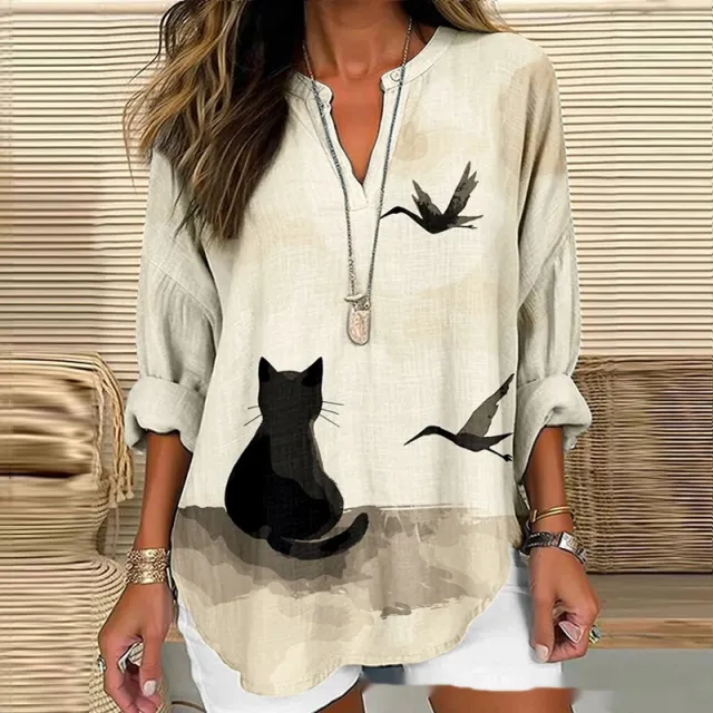 Loose fitting Casual Womens Shirt With A V neck And A Printed Design Ncx18 5Xl - Shop at LoveMi