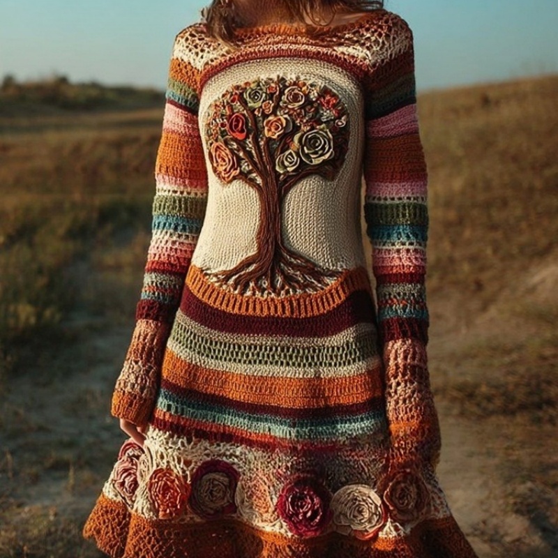 Womens Crew-Neck Long-Sleeve Halloween Funny Sweater Dress