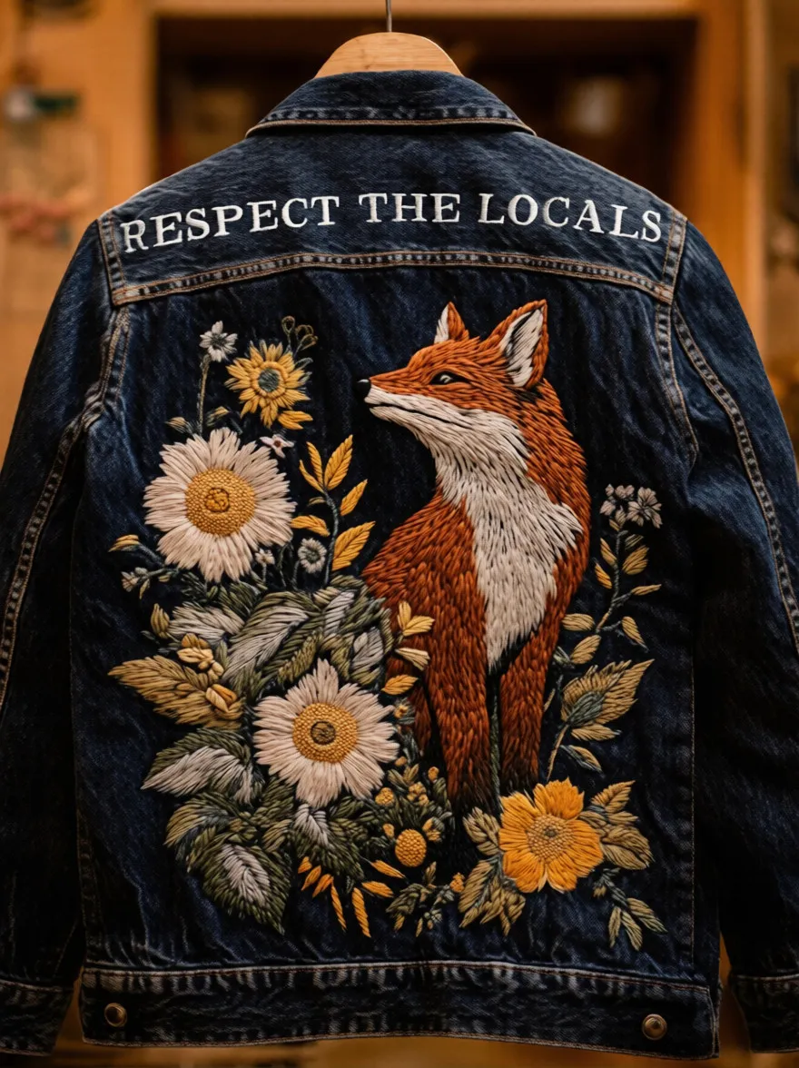 Women's Retro Washed Spliced 3D Printed Flanged Cuffs Denim Jacket - Blue