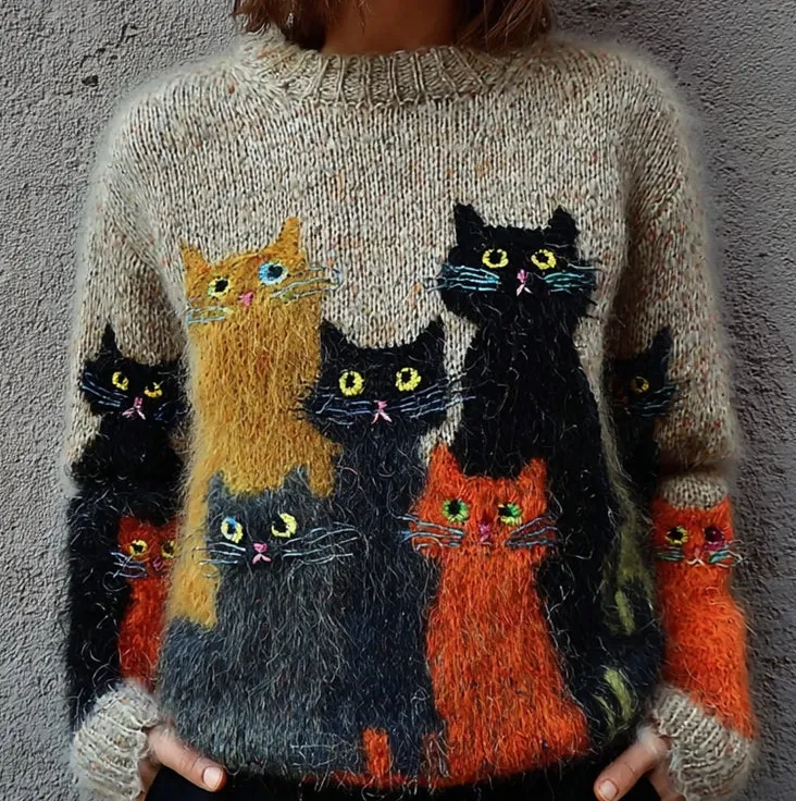 Womens Crew-Neck Sweatshirt With 3D Digital Print On Coarse Needle Fabric - Coffee