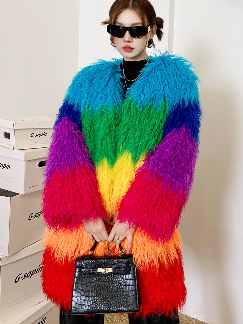 Contrast-color Plush Patchwork Coat Winter Lambswool Coat