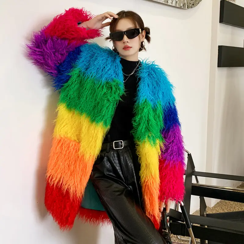 Contrast-color Plush Patchwork Coat Winter Lambswool