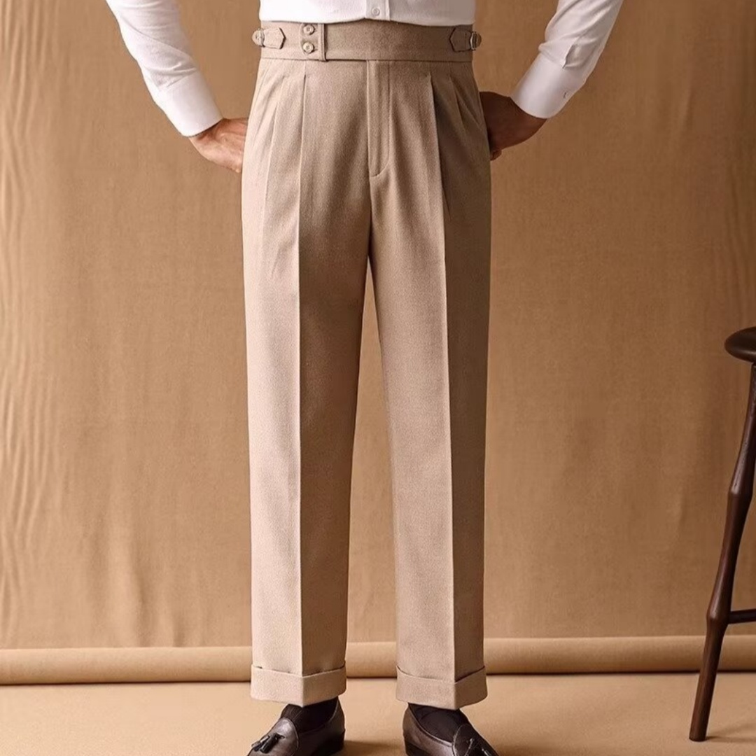 Mens Winter Straight-Leg High-Waist Trousers With Parisian Buckles For A Casual Look