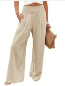 Women's Pants Casual Wide Leg Cotton Linen Loose Trousers Apricot - Shop at LoveMi