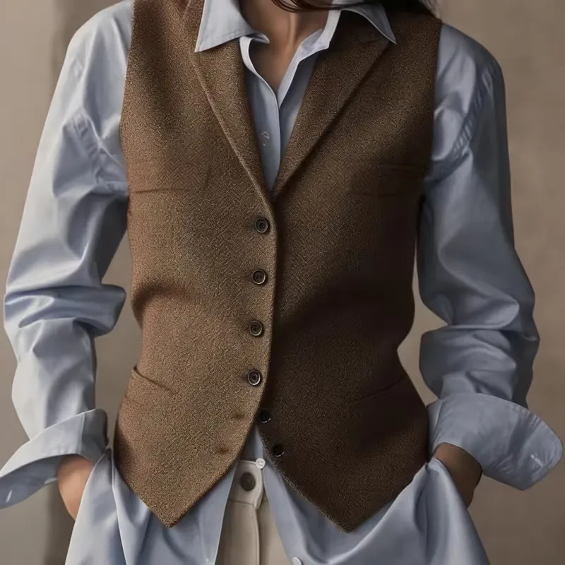 Women's Solid Colour Loose Casual Herringbone Wedding Vest - Brown