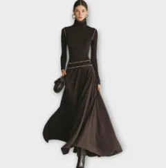 Womens French-style Elegant High-neck Long-sleeve Dress - Brown - View 1