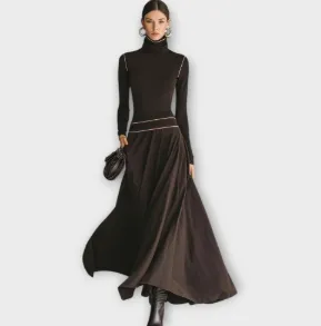 Womens French style Elegant High neck Long sleeve Dress Brown - Shop at LoveMi