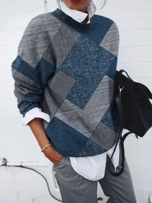 Ladies Fashion Brushed Geometric Print Loose Long Sleeve Hoodie Cube 2Xl - Shop at LoveMi