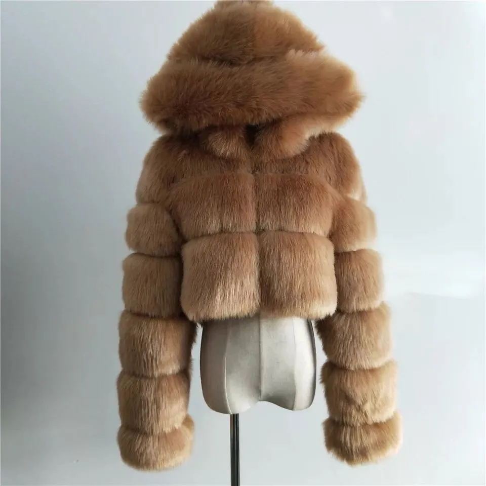 Short Hooded Faux Fur Long Sleeve Coat - Brown