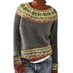 Women's Sweater Round Neck Multicolour Loose Fashion Pullover Sweater - Yellow - View 1