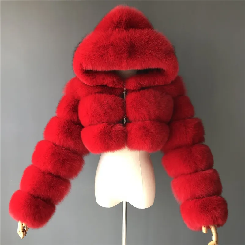 Short Hooded Faux Fur Long Sleeve Coat - Red