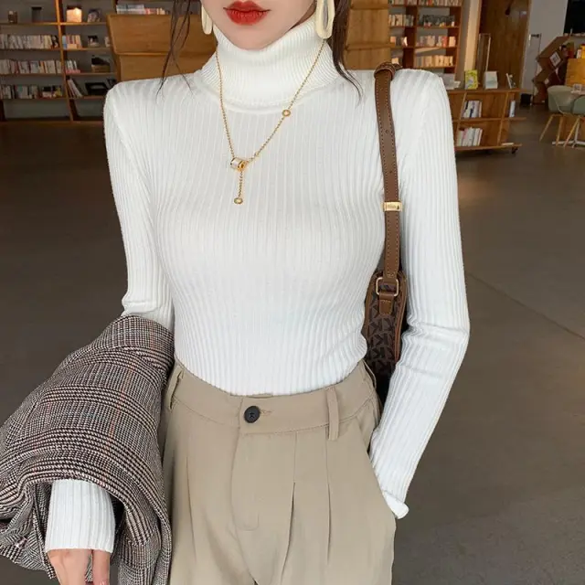 Womens Thick Solid Colored Slim Fit Warm Turtleneck Base Sweater White - Shop at LoveMi