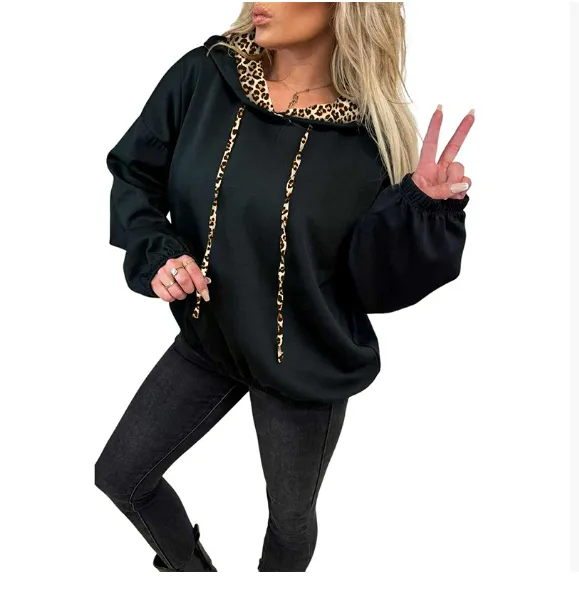 Solid color Side panel Leopard print Patchwork Hooded Long sleeve Sweatshirt Black - Shop at LoveMi