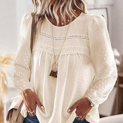 Bohemian Minimalist Chic Round-neck Chiffon Top With Multicolored Lace Trim