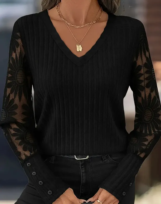V neck Pullover Loose fitting Long Sleeves Sweater Black - Shop at LoveMi