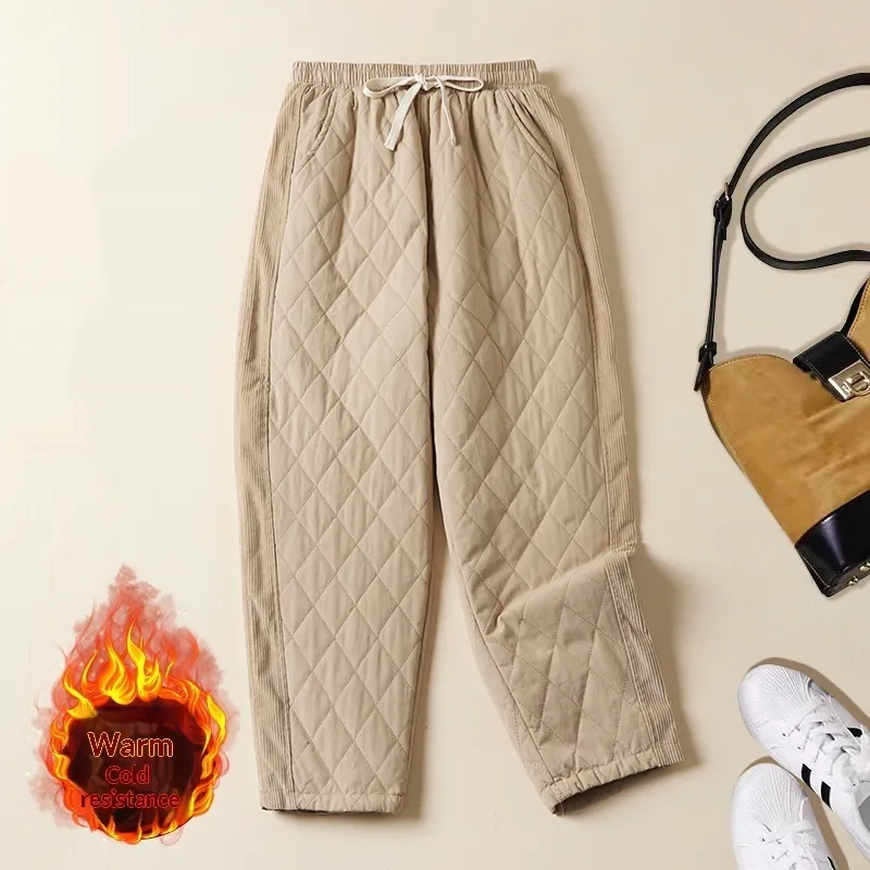 Womens Retro Diamond-Quilted Elastic-Waist Thermal Pants - Khaki