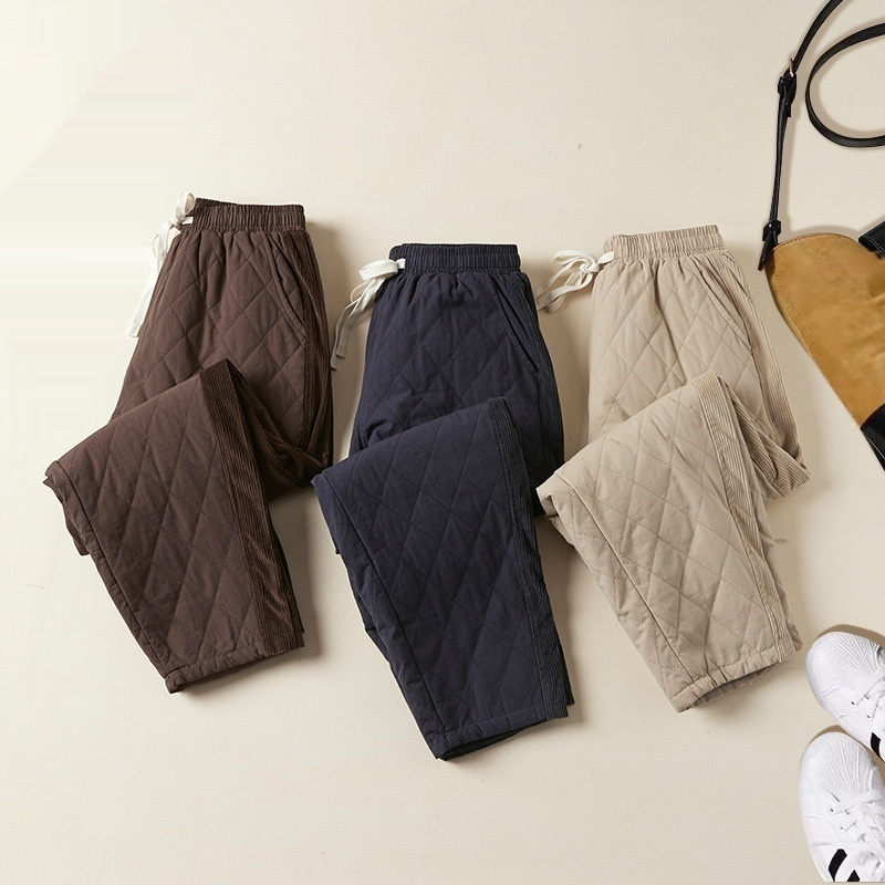 Womens Retro Diamond-Quilted Elastic-Waist Thermal Pants