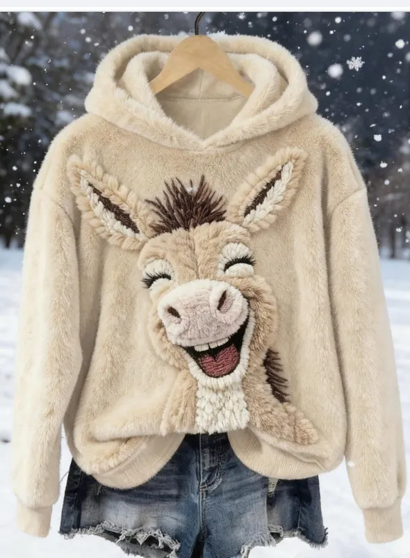 Womens Printed Hoodie Solid-Colour Hooded Sweatshirt Top - Beige