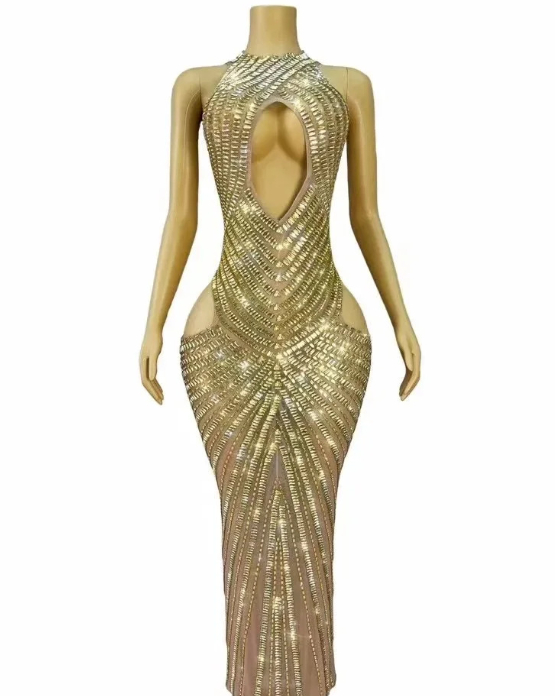 Womens Sexy Mesh Hollow-Out Nightclub Stage Dress Performance Outfit Evening Gown