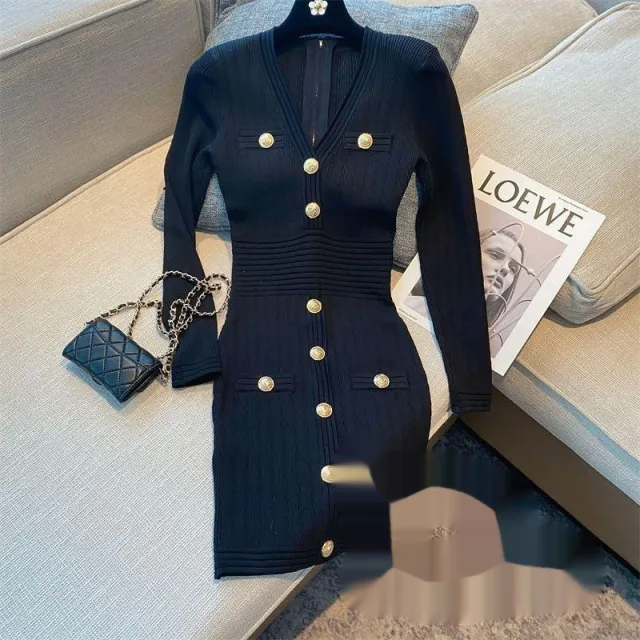 Female Solid Color Loose Fit Vneck Zipup Knit Dress Black - Shop at LoveMi