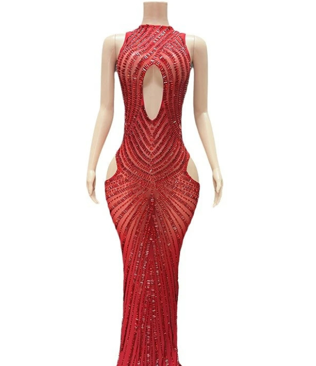Womens Sexy Mesh Hollow-Out Nightclub Stage Dress Performance Outfit Evening Gown