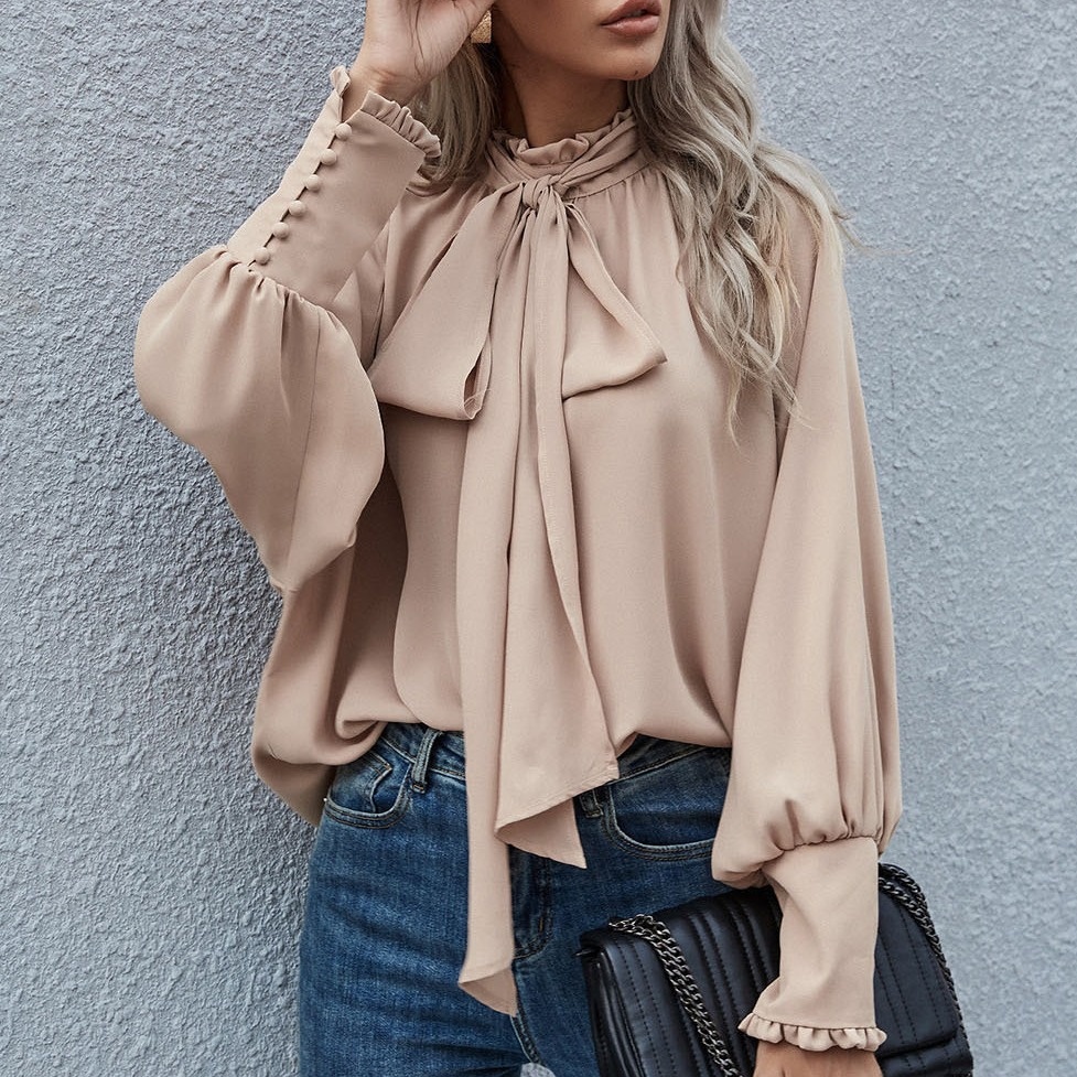 Ins Long-sleeved Blouse Bowknot Puff Sleeves Fashion Commuter Office Tops Women's Clothing