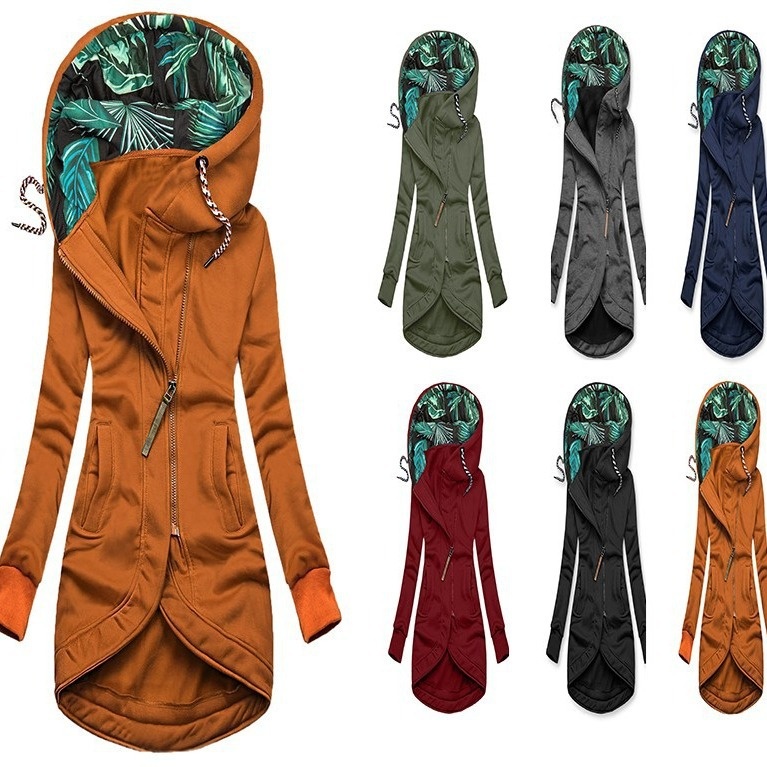 Womens Solid-Color Zip-Up Hoodie With Print And Long Sleeves