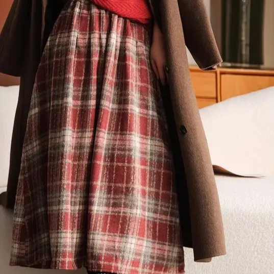 Thickened Woolen Elastic Waist Plaid Skirt Retro Artistic A Line Skirt For Women Red - Shop at LoveMi
