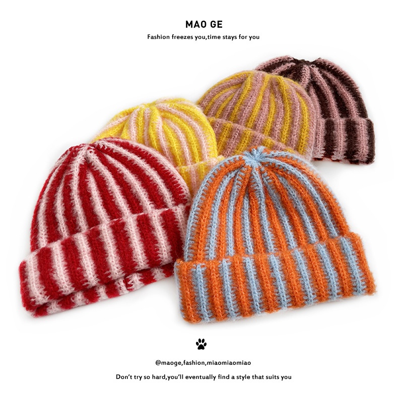 Cat Brothers New Stylish Contrast-color Striped Knit Beaniefashionable Color-blocked, And Warm For Boys And Girls In Fall And Winter