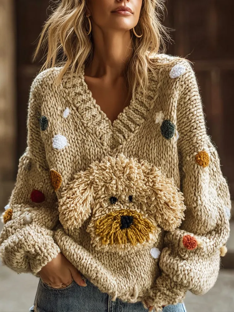 Womens AutumnWinter Lazy-Style V-Neck Pullover Sweater - Apricot