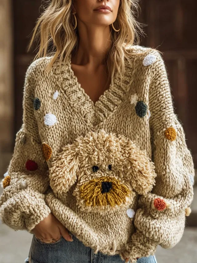 Womens AutumnWinter Lazy Style V Neck Pullover Sweater Apricot - Shop at LoveMi