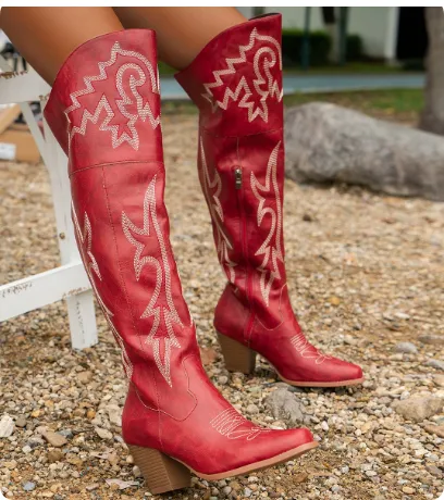 Women's Western Denim Over The Knee Boots Side Zipper Boots - Red