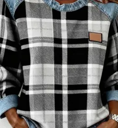 Plaid-Panel Denim Crewneck Loose Sweatshirt - Black - View 1