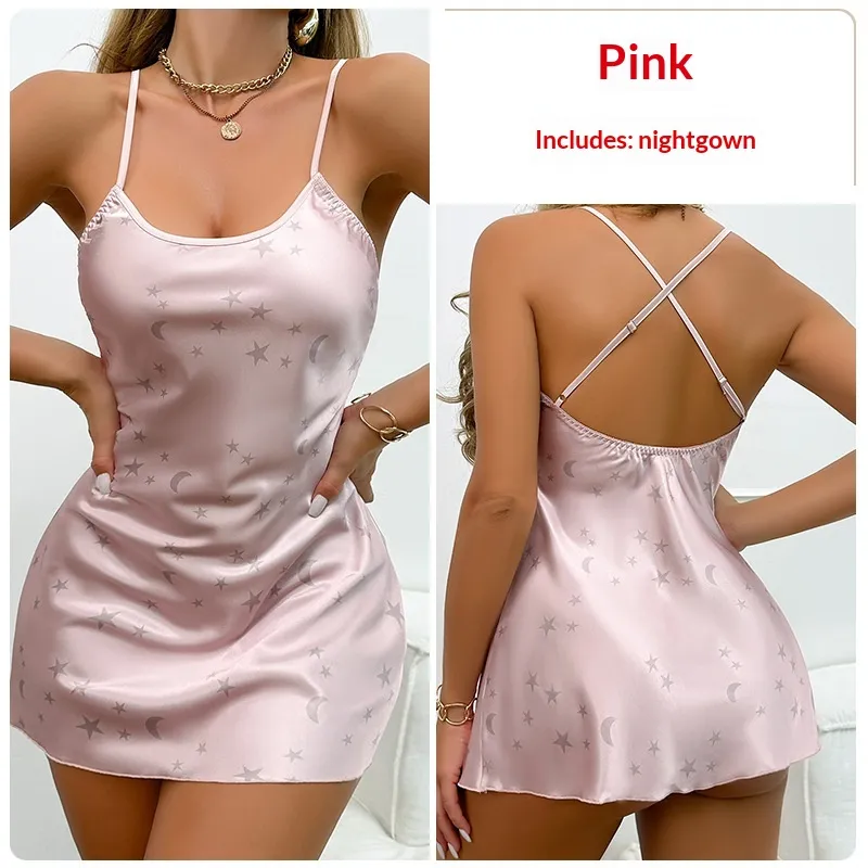 Womens Simple Printed Ice Silk Camisole Nightdress - Pink