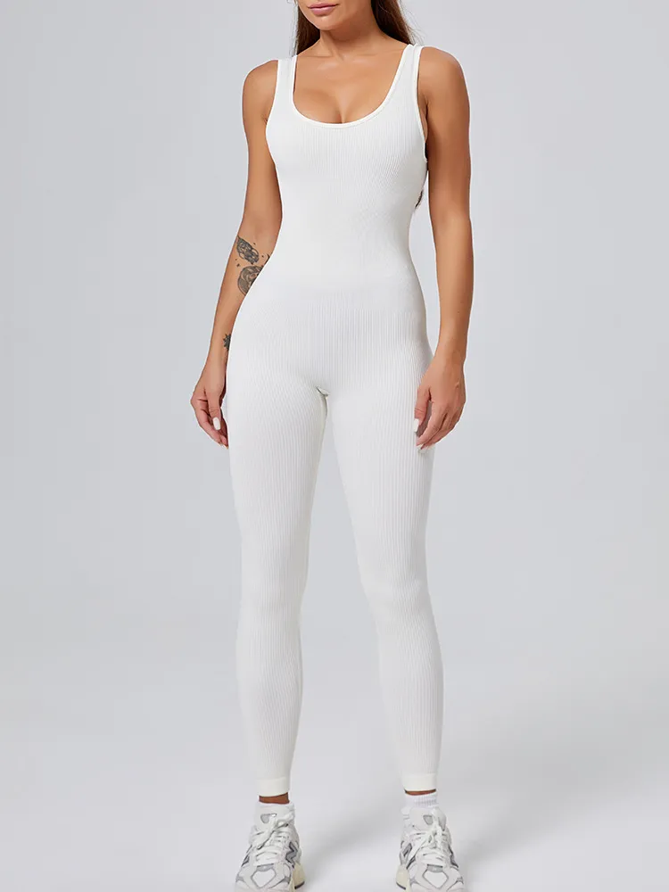 Threaded-knit Tummy-control Butt-lifting Form-fitting Breathable U-neck Bodysuit - White