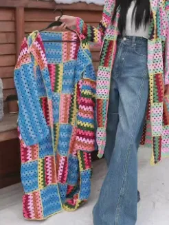Loose fitting Coat Top Handmade Grandmother Plaid Long Knitted Cardigan Female Blue - Shop at LoveMi