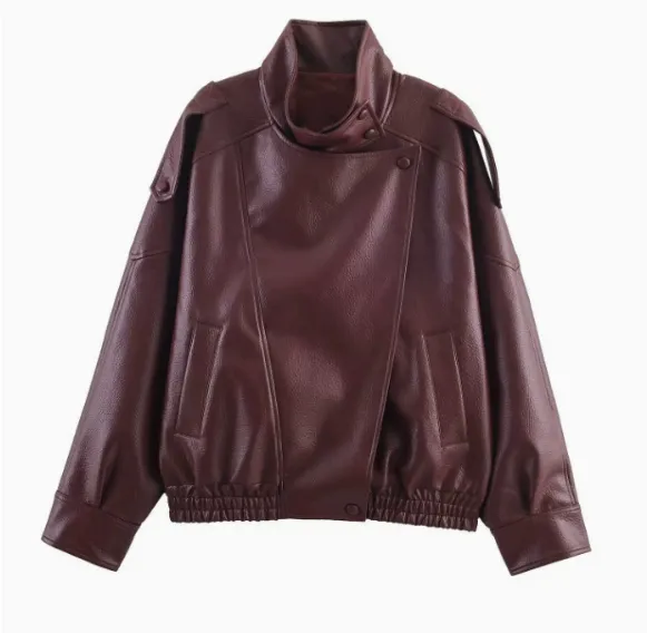 Womens Fashion Faux-leather Jacket With A Stand-up Collar From Europe And The US - Burgundy