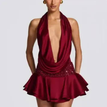 Backless Sequin Irregular V-neck Short Dress - Red