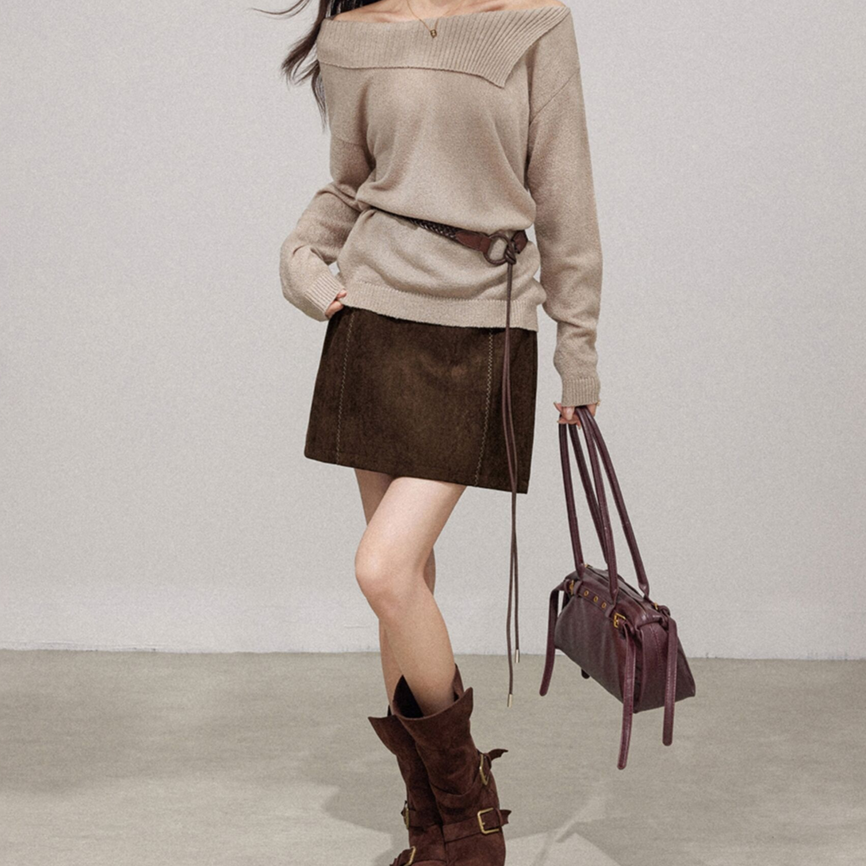 Deerskin Suede Coffee-colored A-line Skirt For Women Autumnwinter