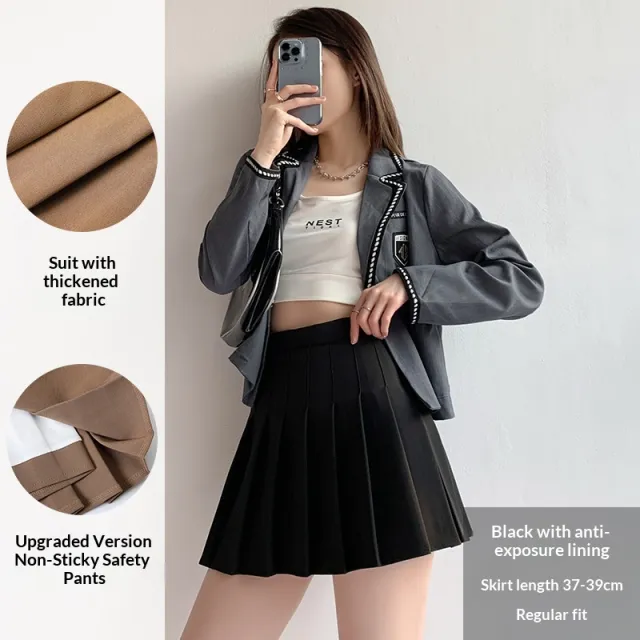 Womens Solid Color Korean Style High Waisted Pleated Skirt Black - Shop at LoveMi