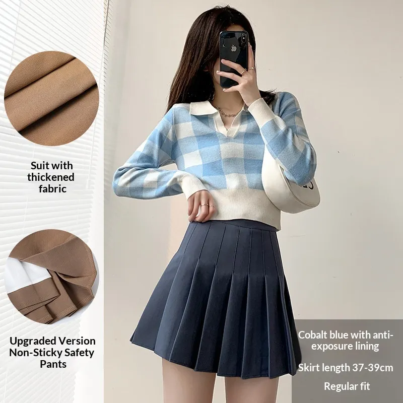 Womens Solid-Color Korean-Style High-Waisted Pleated Skirt - Blue
