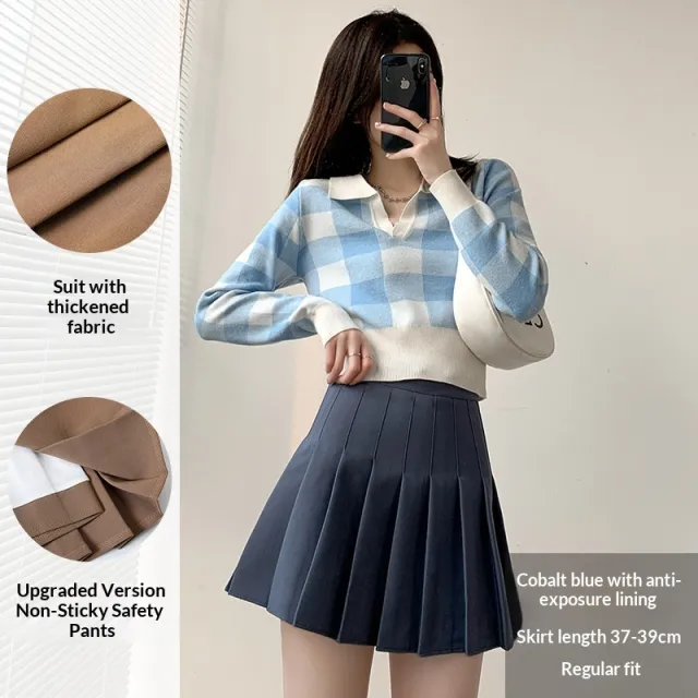 Womens Solid Color Korean Style High Waisted Pleated Skirt Blue - Shop at LoveMi