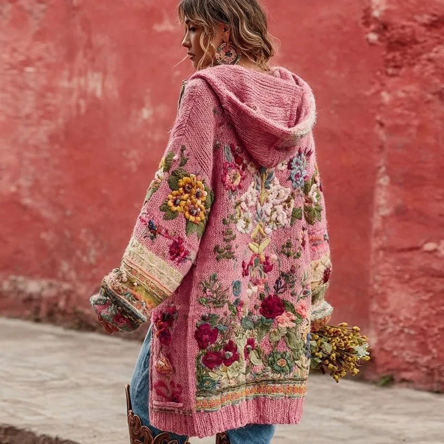 Skin-friendly, Printed, Crew-neck, Loose-fitting Long Sweater Coat - Pink