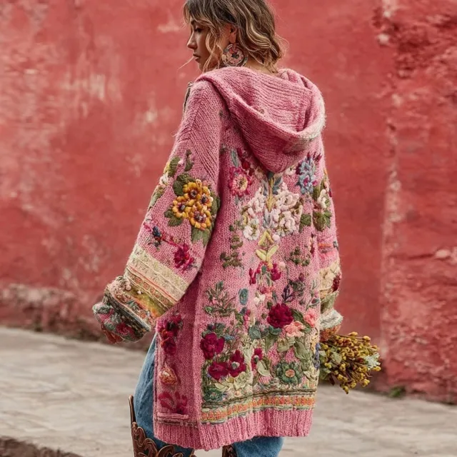 Skin friendly, Printed, Crew neck, Loose fitting Long Sweater Coat Pink - Shop at LoveMi