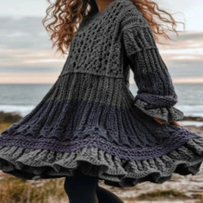 High-neck Dress Sweater With A Retro Cable-knit Design And Long Sleeves - Style 1-L
