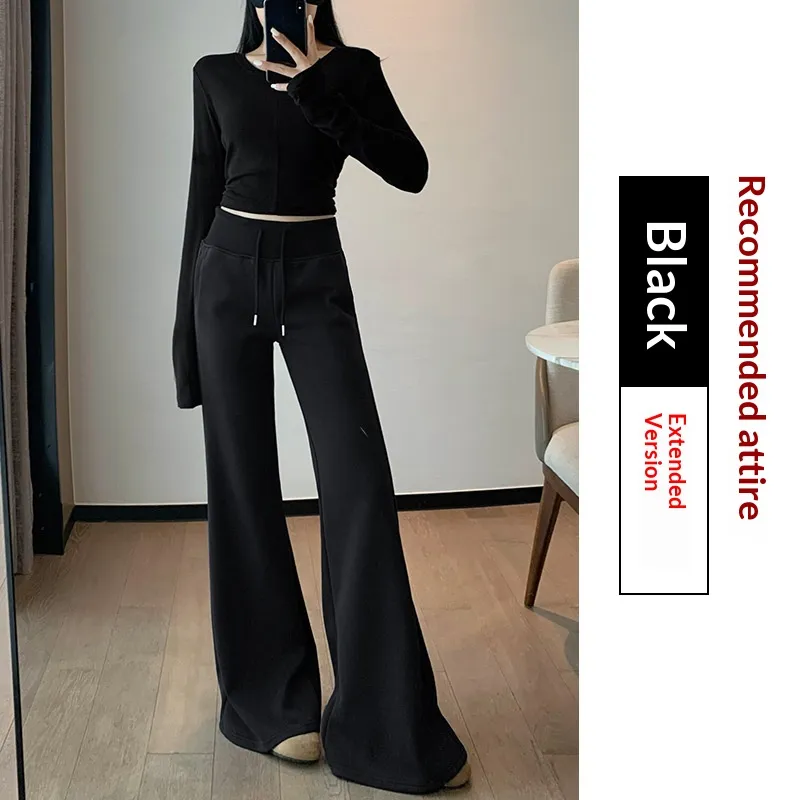 Ribbed High-Waisted Fleece-Lined Flared Pants - Black