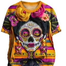 Skull-print Casual Loose-fitting Crew-neck Short-sleeve T-shirt - Sunflower Color-4Xl