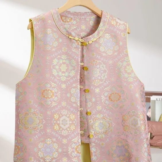 Spring Chinese-style Waistcoat with Brocade Peony Blossom Design